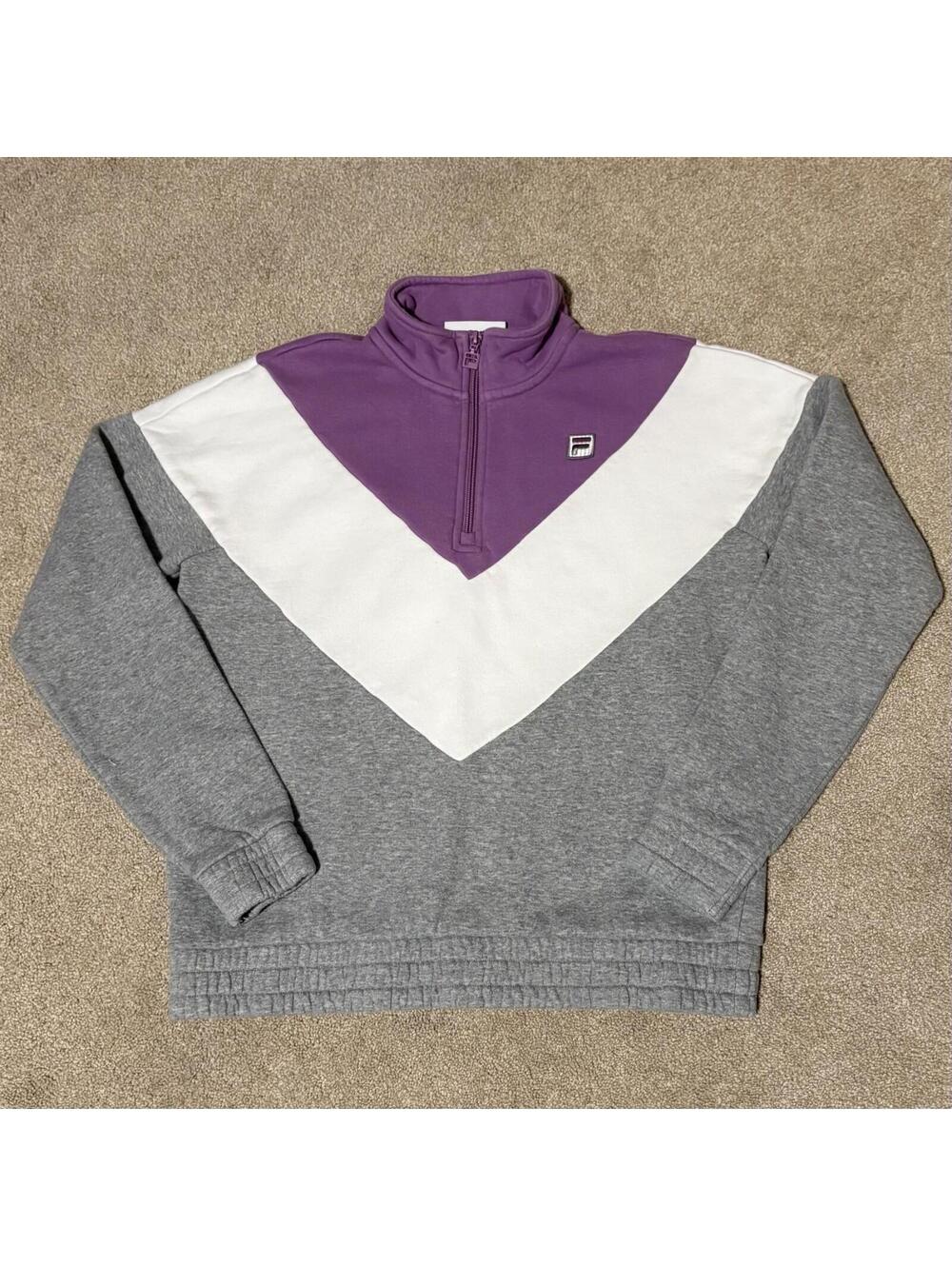FILA Womens Med 1/4 Zip Pullover Fleece Sweatshirt Gray Purple White Colorblock